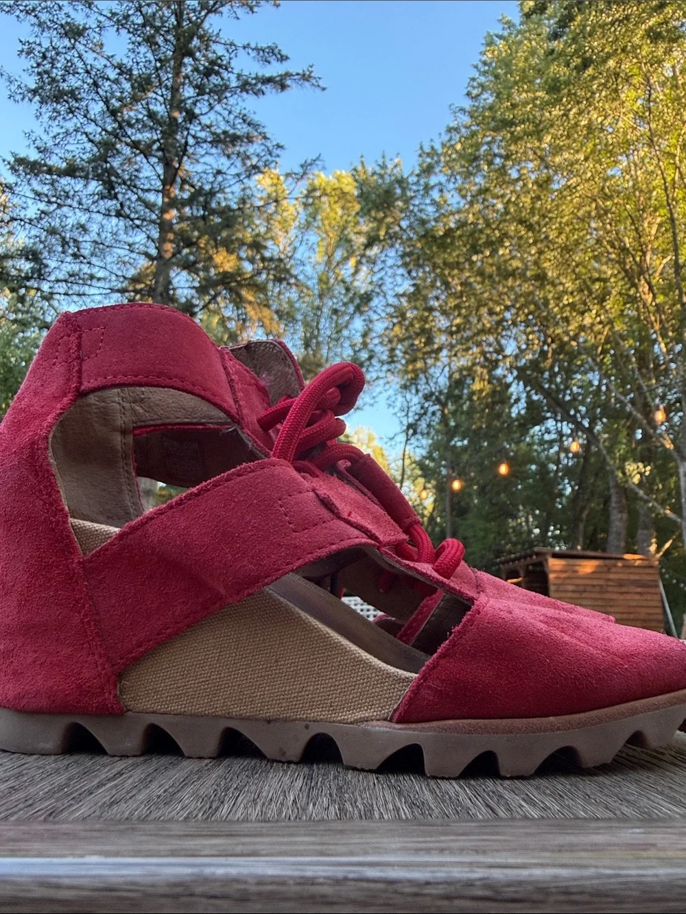 Sorel Red Suede Lace-Up Wedge Sandals